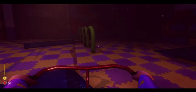 Baby Blues Nightmares screenshot: the toddler's hands on tricycle handlebars, riding across a purple and yellow foam floor