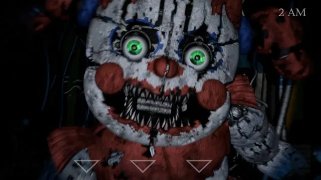 Baby's Nightmare Circus screenshot: a cracked, toothed nightmare Circus Baby with green eyes looming at 2 AM
