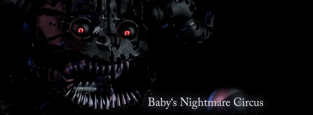 Baby's Nightmare Circus title art: a nightmare animatronic face with glowing red eyes and rows of jagged teeth, beside the title