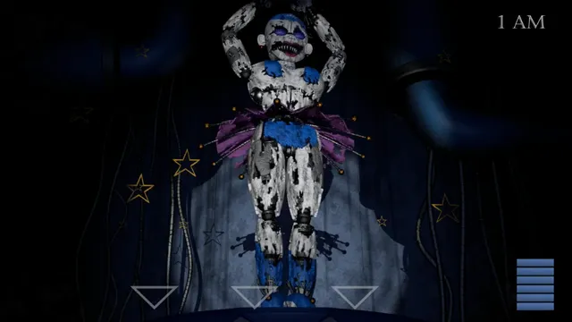Baby's Nightmare Circus screenshot: a torn nightmare Ballora with arms raised on a dark stage at 1 AM