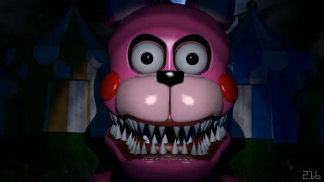 Baby's Nightmare Circus screenshot: a pink animatronic with a jagged grin in front of striped circus tents at night