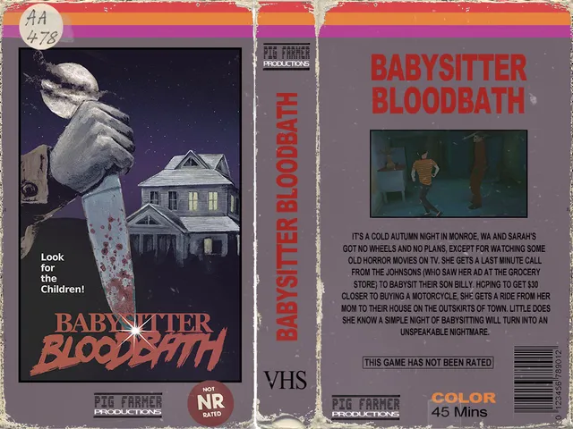 Babysitter Bloodbath cover made like a VHS box: a hand with a bloody knife above a house under the moon, with the line Look for the Children