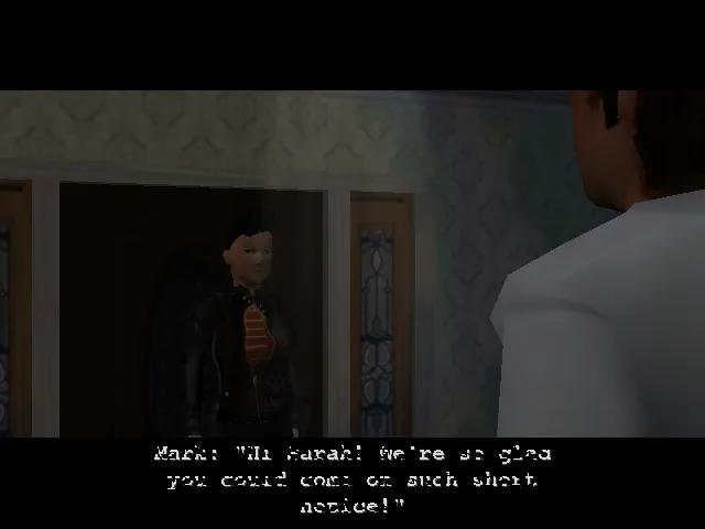 Babysitter Bloodbath screenshot: a man greets the babysitter at a dim doorway, with the subtitle Hi Sarah, we're so glad you could come on such short notice