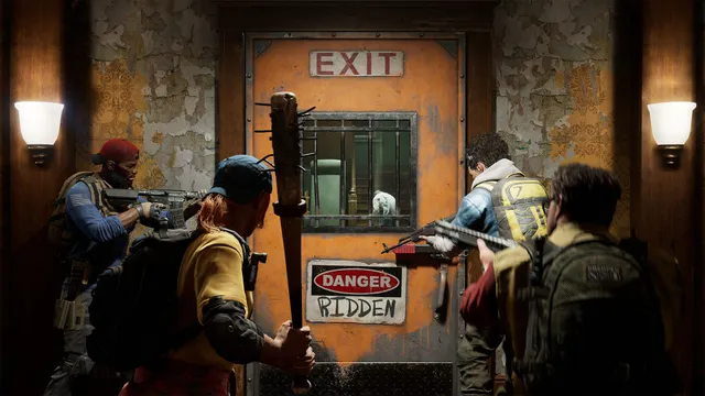 Back 4 Blood screenshot: four Cleaners with guns and a spiked bat line up at an exit door marked Danger Ridden