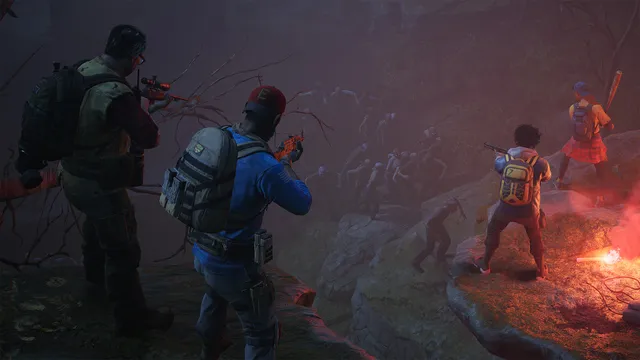 Back 4 Blood screenshot: four Cleaners aim rifles and a bat at a crowd of Ridden climbing a foggy cliff lit by a red flare
