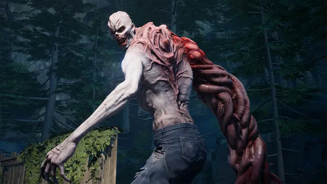 Back 4 Blood screenshot: a pale Ridden with one huge swollen arm of flesh stands among dark pine trees