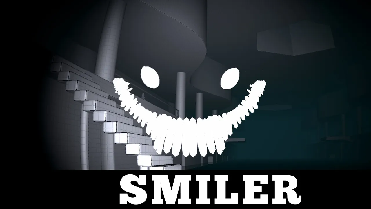 Backrooms 97 store art: the Smiler's huge white grin and eyes floating over a dark Poolrooms staircase