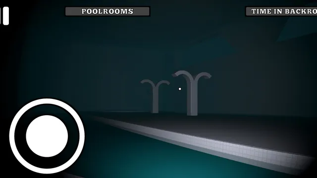 Backrooms 97 screenshot: first-person view of the Poolrooms with pool ladder rails, a touch stick and the time-in-Backrooms counter