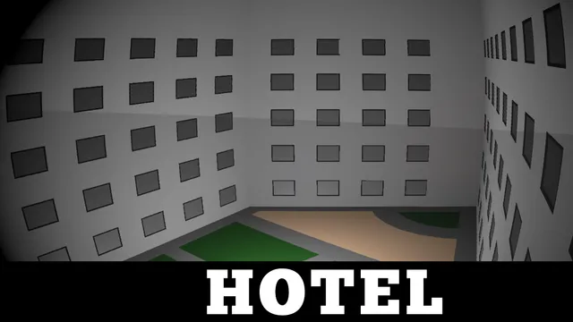 Backrooms 97 store art: a pale hotel atrium lined with rows of identical windows above a courtyard