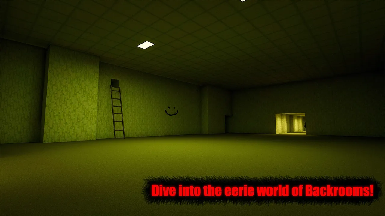 Backrooms Descent screenshot captioned Dive into the eerie world of Backrooms: a dim yellow room with a ladder on the wall, a smiley face scrawled beside it and a lit doorway beyond