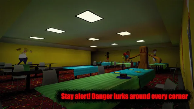 Backrooms Descent screenshot captioned Stay alert: a yellow party hall with tables, streamers and a tall smiling figure standing among them