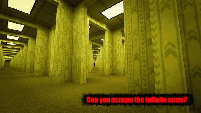 Backrooms Descent screenshot captioned Can you escape the infinite maze: endless yellow corridors with chevron wallpaper under fluorescent lights