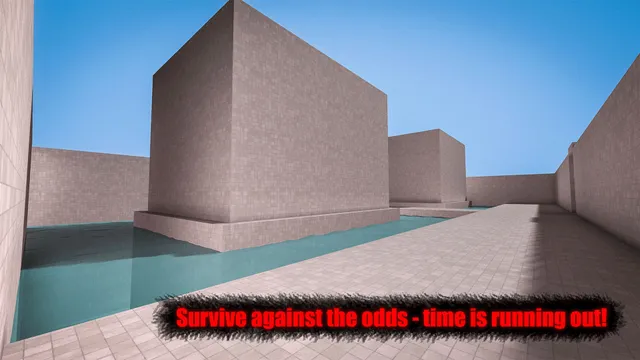 Backrooms Descent screenshot captioned Survive against the odds: the Poolrooms, white-tiled blocks standing in still blue water under a bright sky