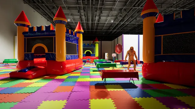 A party hall of bouncy castles and party tables on a bright foam floor, with a tall orange humanoid entity standing among them
