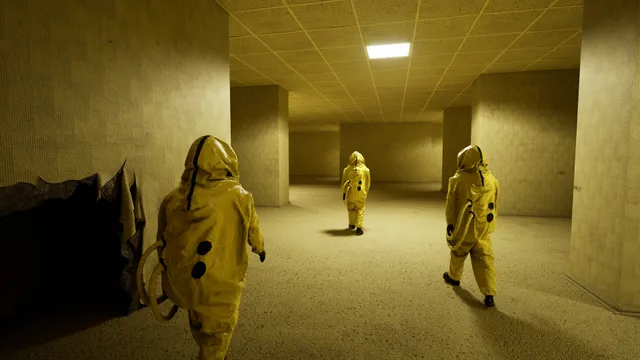 Three hazmat-suited players walk through the empty yellow rooms of Level 0 under fluorescent ceiling lights