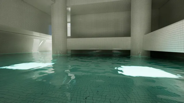 Flooded white-tiled pool rooms with pillars and still green water