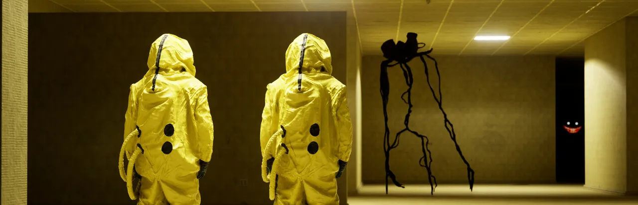 Two players in yellow hazmat suits face a tall, thin black entity in the yellow halls of Level 0, with a grinning face glowing in a dark doorway