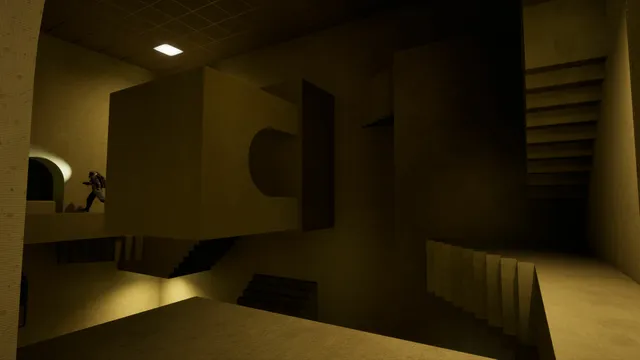 Backrooms: Extractions: a person runs through a maze of yellow walls, ledges and stairs