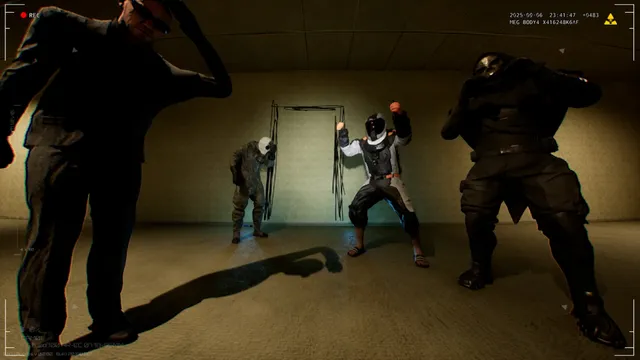 Backrooms: Extractions: bodycam footage of agents and tall dark figures in a dim room with a doorway hung with cords