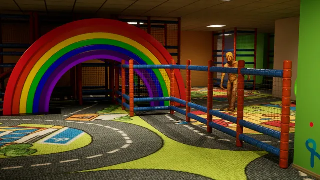 Backrooms: Extractions: a children's play area with a rainbow arch and a tall figure standing behind the fence