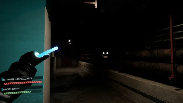 Backrooms: Extractions: a gloved hand holds a blue glowstick in a dark pipe corridor where a glowing grin and eyes stare back