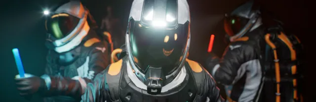 Backrooms: Extractions key art: three agents in white and orange suits and helmets hold glowsticks, a grinning face reflected in the front visor