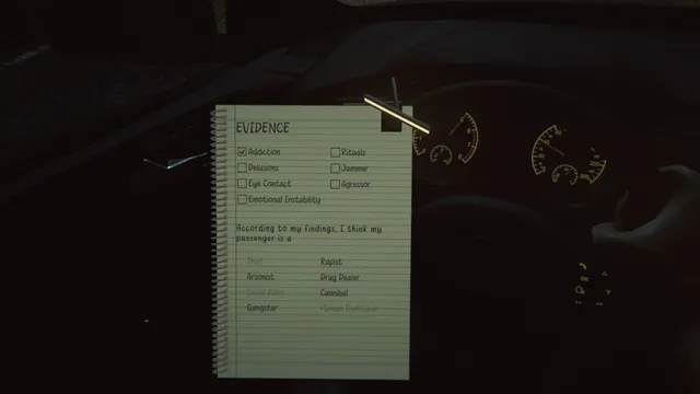 Backseat screenshot: the logbook's evidence page lists signs such as addiction, delusions and rituals, and choices from thief to cannibal