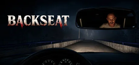Backseat store art: a dark road at night seen from behind the wheel, a grinning man in the rear-view mirror, beside the title