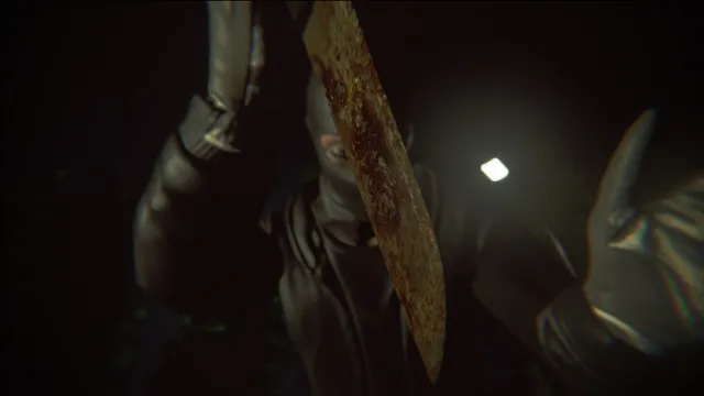 Backseat screenshot: a masked passenger in a leather jacket raises a rusty blade over the driver