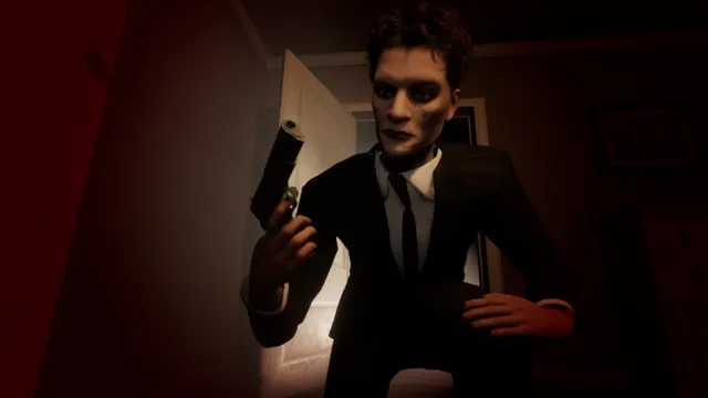 Backseat screenshot: a pale man in a black suit leans in through a doorway holding a pistol, in red light