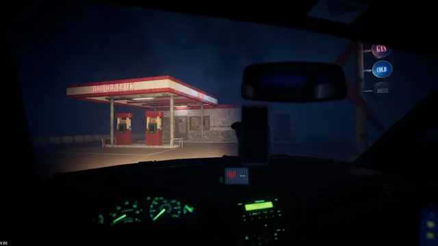 Backseat screenshot: the taxi pulls up to a lonely lit petrol station at night