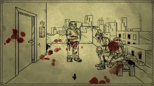 A bloodied man stands by a door while two wounded figures sit on a bench, with a city skyline behind and blood spattered everywhere