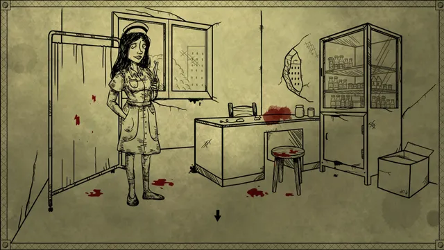 A pale nurse with a syringe stands in a bloodstained infirmary room, drawn in ink on yellowed paper