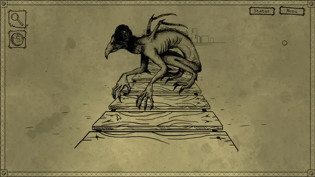 A gaunt, beaked creature with long claws crouches on a wooden walkway