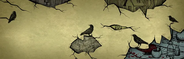 Bad Dream: Coma art: crows perch on cracked yellow paper that opens onto ink-drawn glimpses of a hospital bed, a house and a bloodstained floor