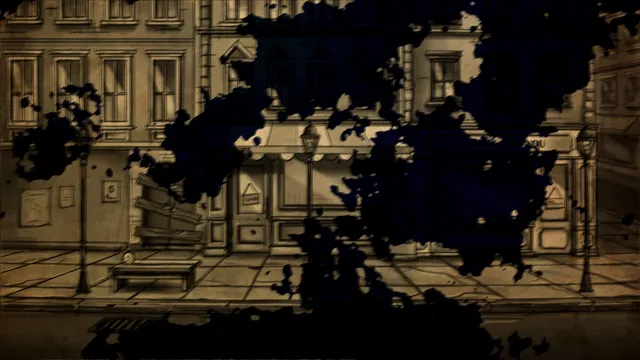 Bad Dream: Fever screenshot: black ink blots spread across a sepia street of shuttered shops and lamp posts