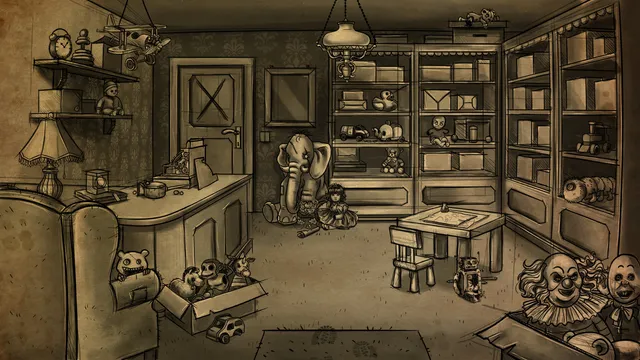Bad Dream: Fever screenshot: a cluttered toy shop with a stuffed elephant, shelves of toys and clown heads in the corner
