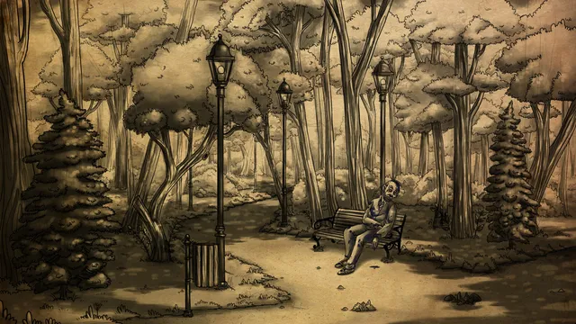 Bad Dream: Fever screenshot: a gaunt man sits alone on a bench in a pen-and-ink park under tall trees and street lamps