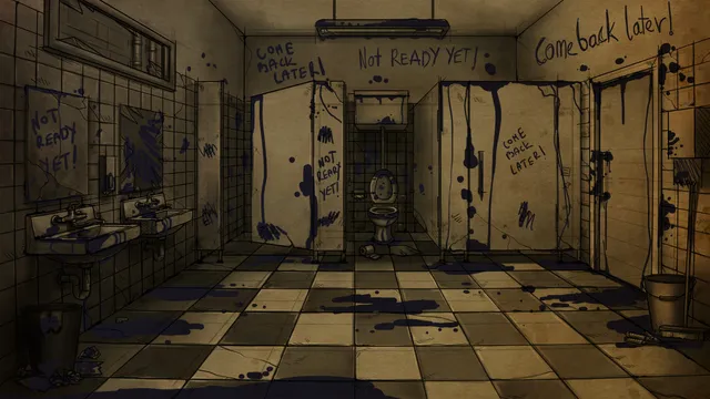 Bad Dream: Fever screenshot: a hand-drawn public toilet splashed with dark blue ink, 'Not ready yet' and 'Come back later' scrawled on the walls and stall doors