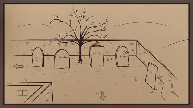A walled graveyard of cracked headstones with strange markings around a bare tree
