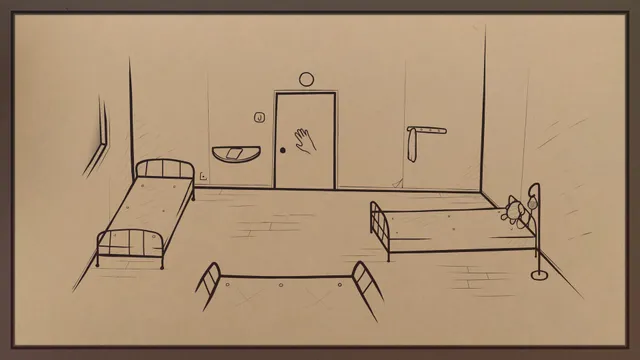 An empty hospital ward with metal beds, a teddy bear on one, and a hand print on the door