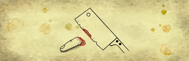 Bad Dream: Stories art: an ink-drawn butcher's cleaver with a bloody notch beside a severed finger on stained yellow paper