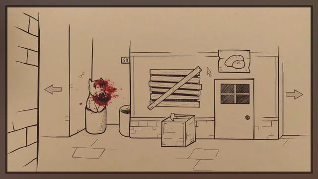 An ink-drawn alley with a stuffed toy spattered in blood on a bin, beside a boarded-up shop window
