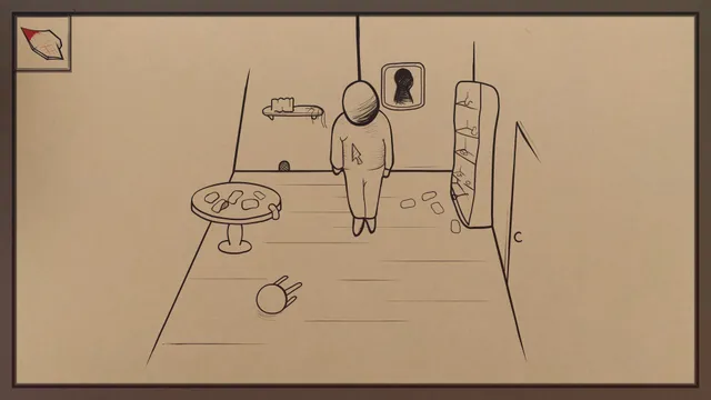 A bald figure stands with its back turned in a bare room with a mirror, a shelf and scattered objects, drawn in ink