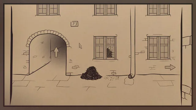 A drawn street of old buildings with a dark archway, a broken window and arrows to move between scenes