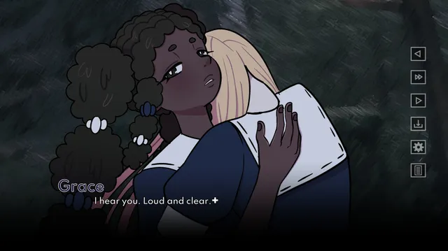 Bad Faith screenshot: Grace holding a pillow and speaking to a blonde girl