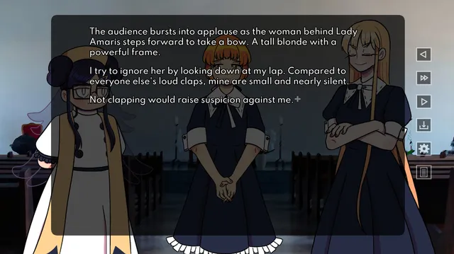 Bad Faith screenshot: three young women in dark dresses at an assembly, as the narrator claps quietly so as not to raise suspicion