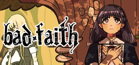 Bad Faith Steam header: the bad faith logo beside Magda with her hands crossed over her chest
