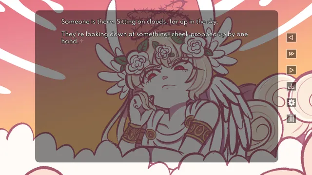 Bad Faith screenshot: a drawing of a crowned, winged figure sitting on clouds and looking down