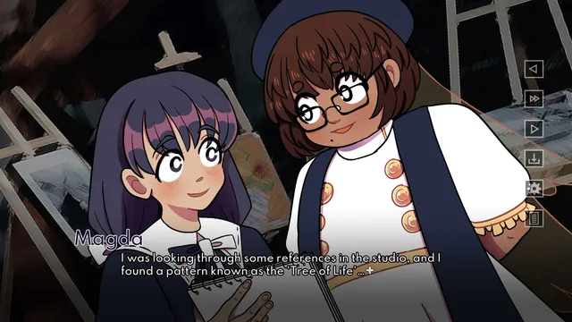 Bad Faith screenshot: Magda and a friend with glasses talk in an art studio about a pattern called the Tree of Life